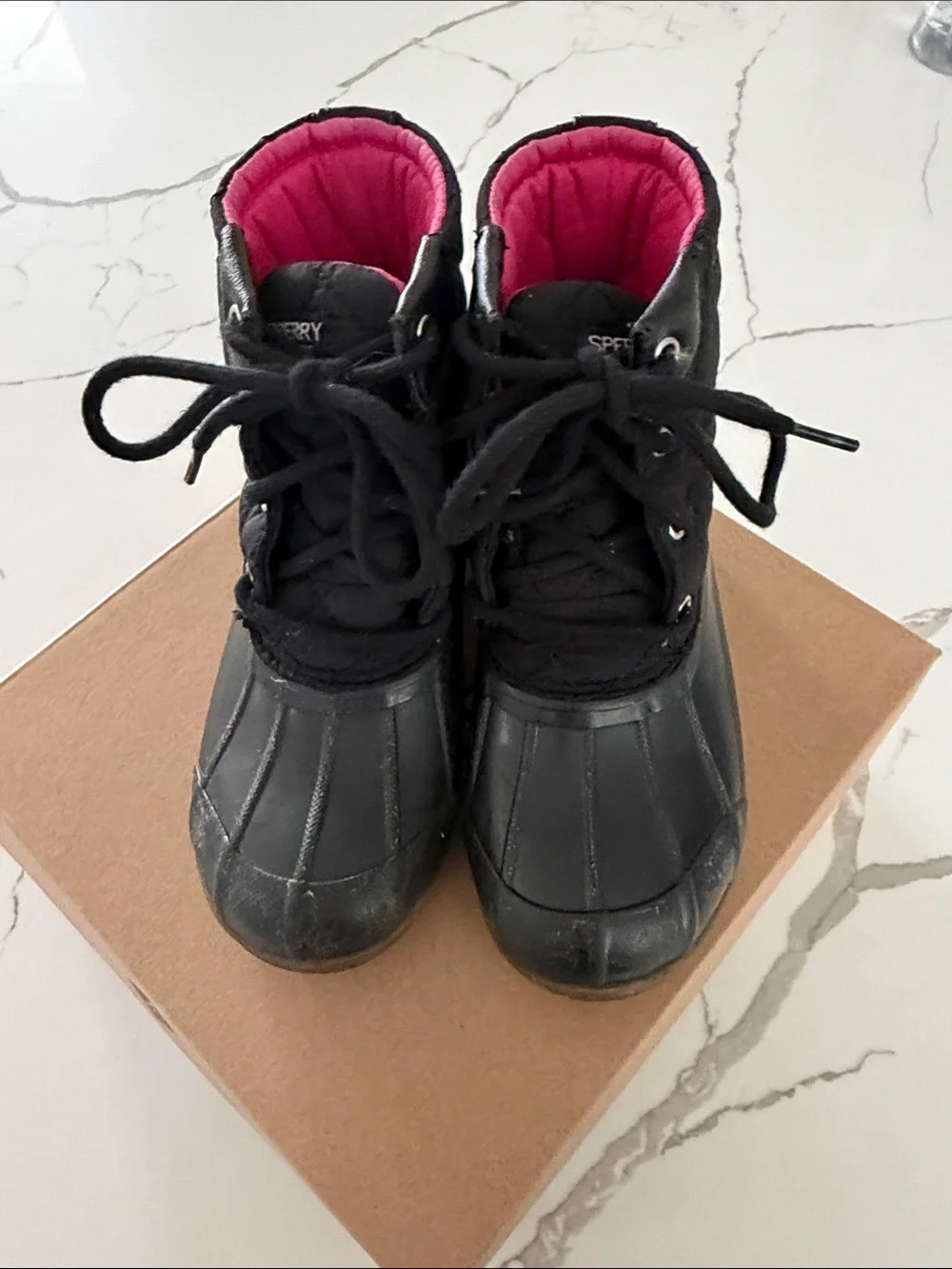 Sperry Kids Black Rain Boots with Pink Lining, Size 1